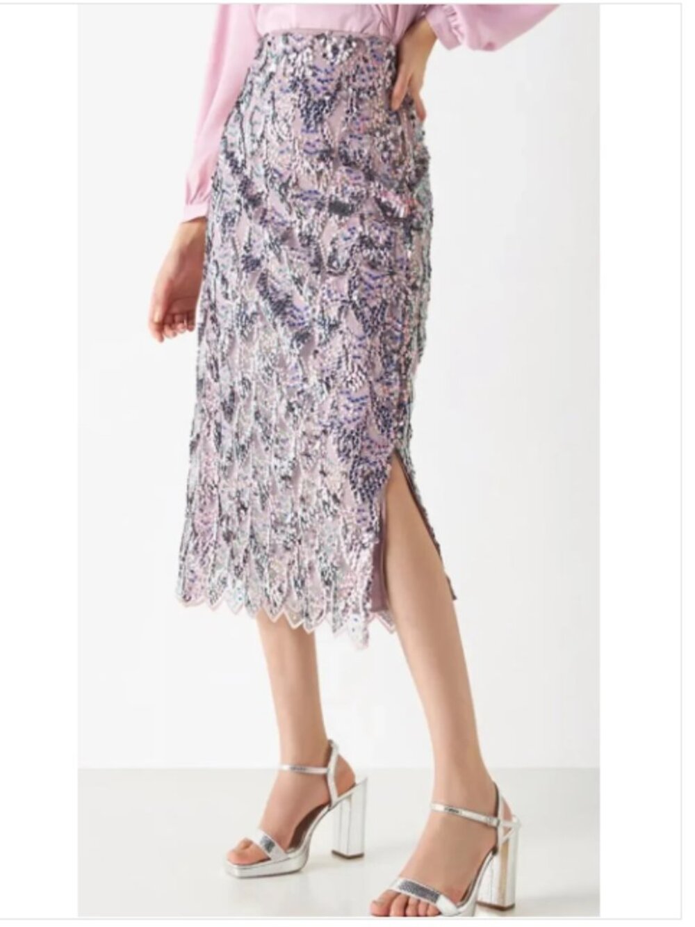 Zara Blush Pink Embroidered Iridescent Sequin Mermaid Scalloped Midi Skirt NEW!